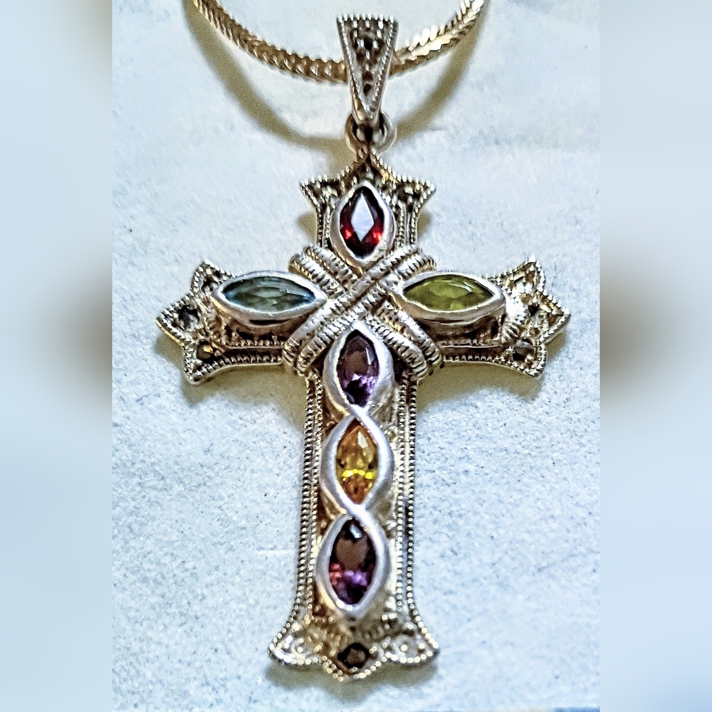 Vintage Sterling 2" Multi-Color  Marquise Gemstone Cross Pendant 16" Wheat Chain